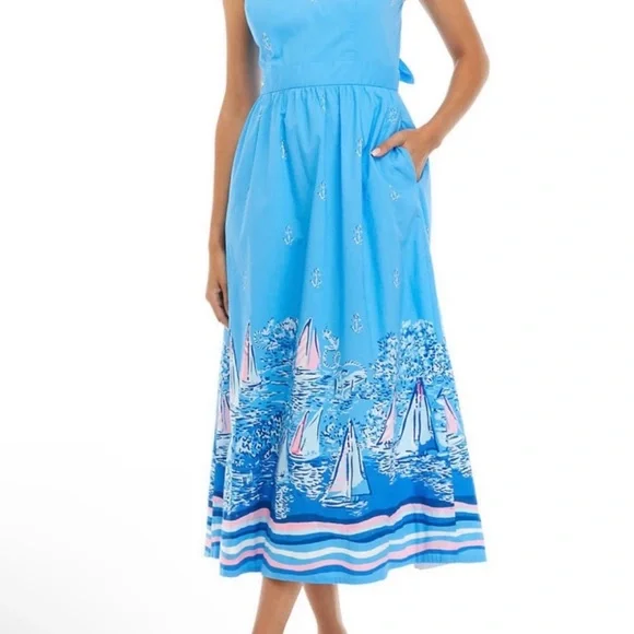 NWT Lilly Pulitzer Charlese cotton halter midi dress in Lunar blue, size 6 - Picture 2 of 11